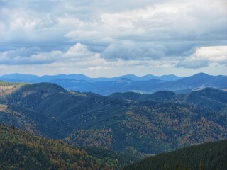 Fototapeta premium Rolling forested hills and blue mountain ranges under heavy clouds in autumn landscape