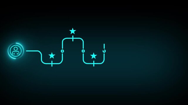 Customer Journey and Satisfaction Experience Concept. Interacts with a digital interface customer journey, marked by stars and ending with a glowing smiley face, service satisfaction, user experience