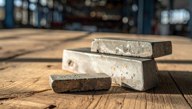 Dull grey lead ingots display their characteristic heavy soft appearance on a weathered wooden surface