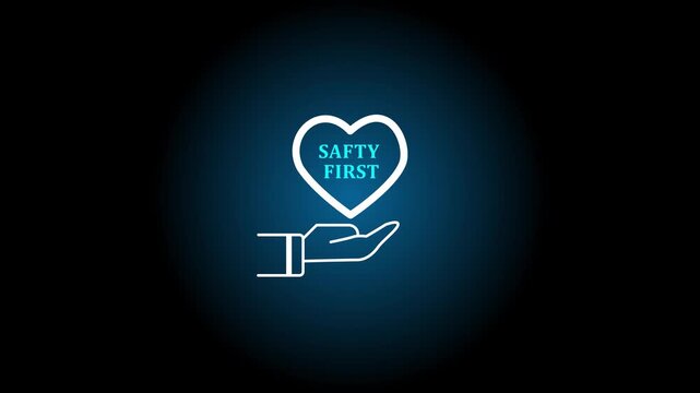 Safety first symbols, work safety, caution work hazards, danger surveillance, zero accident concept. Glowing with smart grey background. Employees safety awareness at workplace. Safety banner 4k
