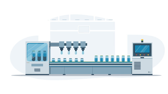 An automated industrial bottling conveyor system fills glass jars with blue liquid in a clean and sterile manufacturing plant environment.