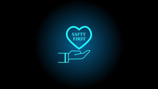 Safety first symbols, work safety, caution work hazards, danger surveillance, zero accident concept. Glowing with smart grey background. Employees safety awareness at workplace. Safety banner 4k