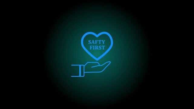 Safety first symbols, work safety, caution work hazards, danger surveillance, zero accident concept. Glowing with smart grey background. Employees safety awareness at workplace. Safety banner 4k