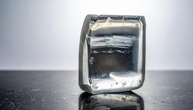 A solid block of reflective mercury with a bright metallic sheen resting on a dark reflective surface