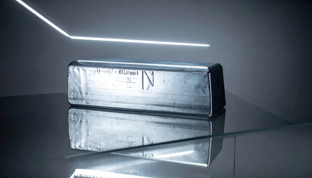 Polished block of raw zinc metal with cool tones reflecting slight distortions on a glassy surface