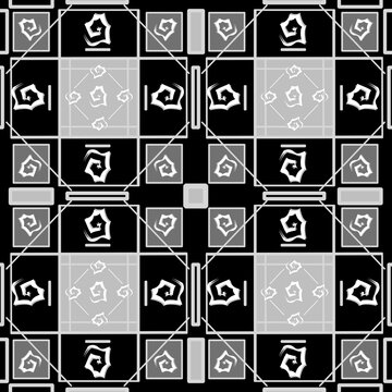 Seamless geometric pattern with gothic spiral elements and square tiles on black background