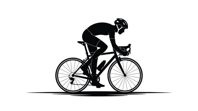 A professional racing cyclist in a low aerodynamic posture rides a thin-framed road bicycle on a flat line against a plain white background in black silhouette.