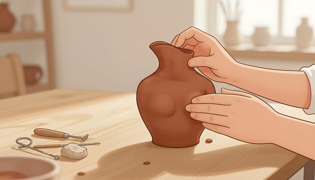 Hands remake clay vase to womans figure on workbench in bright studio  