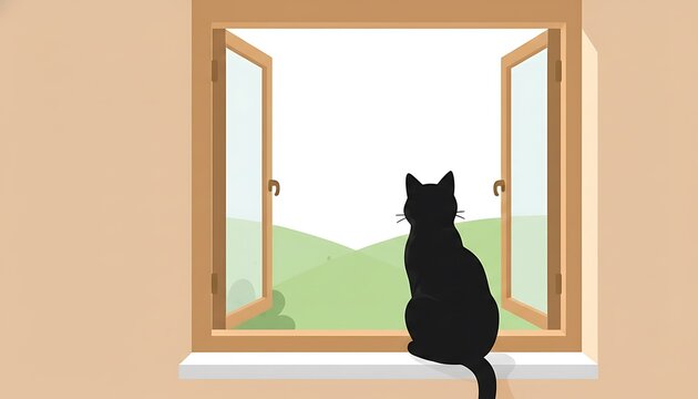 Black cat sitting on windowsill looking outside at green hills  