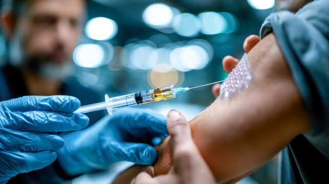 Medical professional applying a microneedle patch with syringe to skin, showing transdermal drug delivery and vaccine technology