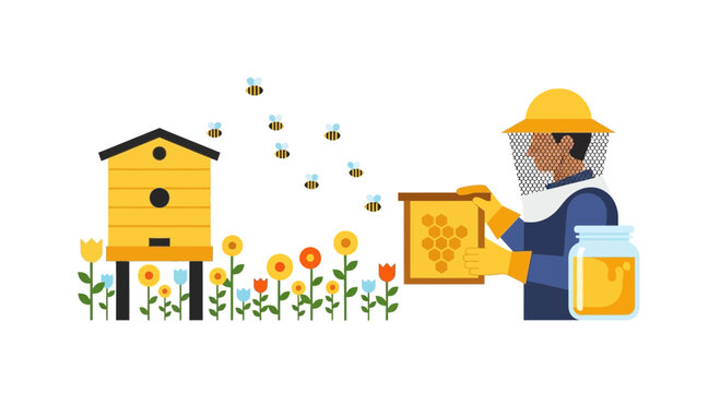 Beekeeper collecting honeycomb from hive amidst flowers with bees flying
