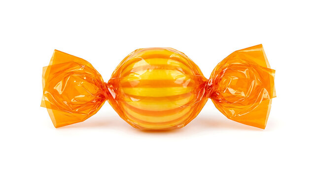 Single striped orange hard candy in transparent wrapper with confectionery