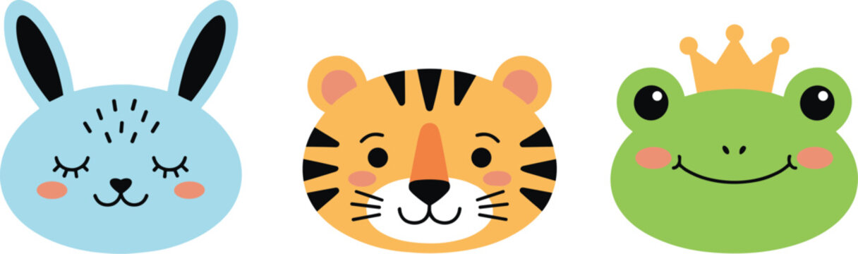 Cute cartoon animal faces of a bunny tiger and frog prince