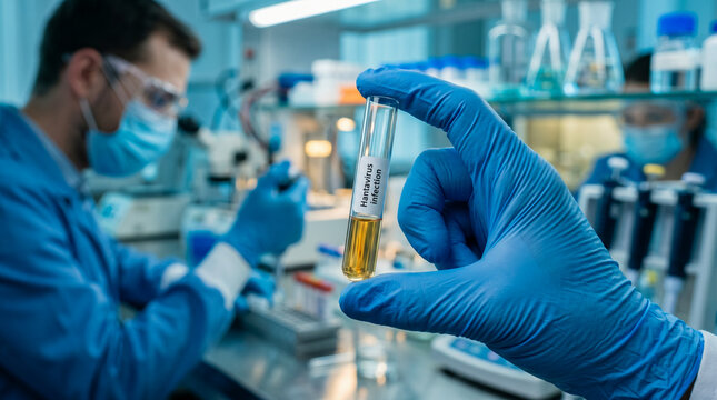 Scientist holding hantavirus infection sample in lab