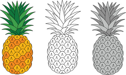 Obraz premium Cartoon pineapple icons with color, outline, and grayscale styles representing fruit and tropical symbol vector illustration