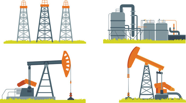 Cartoon oil industry icons with derricks, refineries, and pumpjacks representing petroleum production symbol vector illustration
