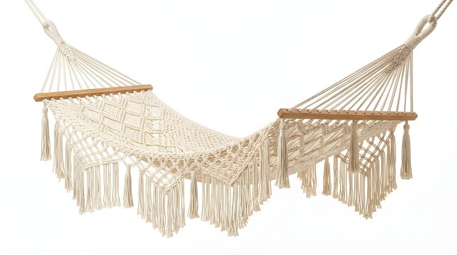Macrame wall hanging with fringe isolated on white background