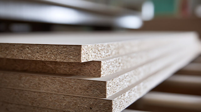 Close-up detail of stacked wood particle boards, industrial design element, natural textured background for renovation and construction projects