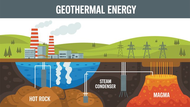 Vector illustration of geothermal energy system with underground magma, hot rock, steam condenser, and surface power plant