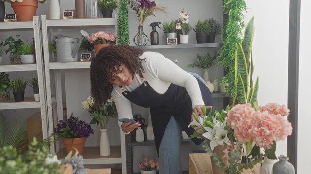 Woman florist brunette checking smartphone while arranging potted flowers and plants on metal shelves in a building; small business focus.