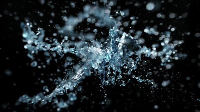 Super Slow Motion of Splashing Water Isolated on Black Background . Filmed on High Speed Cinematic Camera at 1000 FPS