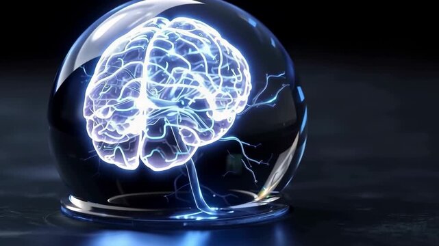 Two animated frames show the brain in a glass dome with blue lights. The visual details highlight the brains glow and electric lines.