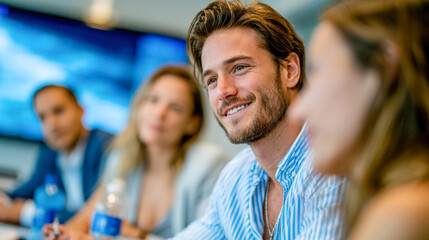 Obraz premium Business team sitting at conference table in meeting room, corporate discussion and collaboration concept