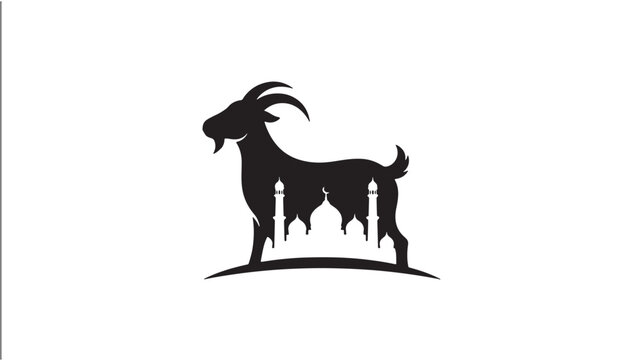 Goat silhouette with mosque illustration on its body featuring black, white, animal with architecture and Islamic elements for religion, cultural