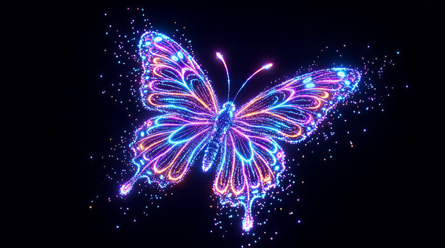 Butterfly depicted as a radiant neon biological entity glows with vibrant electric blue and magenta light against a deep black background, creating an ethereal and mesmerizing visual composition.