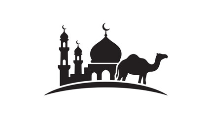 Mosque silhouette with minarets and camel illustration on desert background featuring architecture, Islamic, religion with building and dome elements © Davids