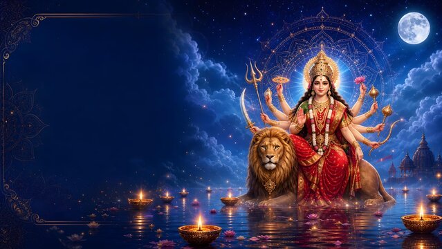 Goddess Durga Sitting on Lion with Floating Diyas on Water Under Full Moon