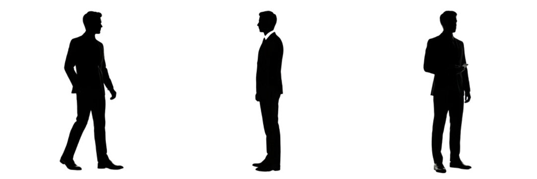 Set and collection of single black silhouette of a standing man isolated on white background