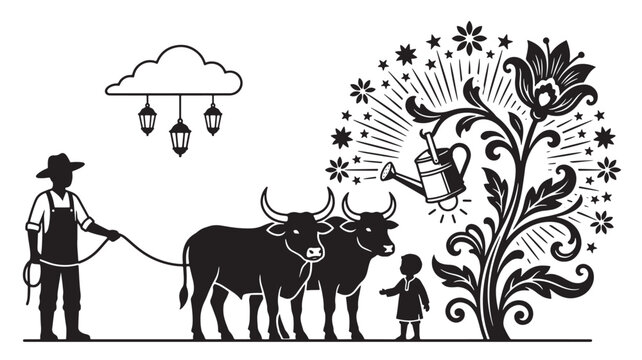 Cow farmer silhouette illustration with lanterns, firework-like flowers, and milkmaid for rural farm background graphic