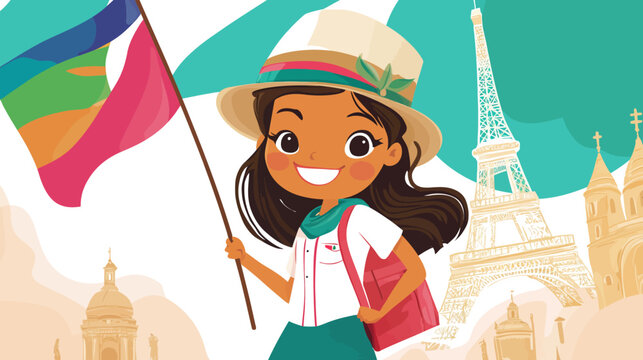 Cheerful girl holding a flag in front of famous Paris landmarks
