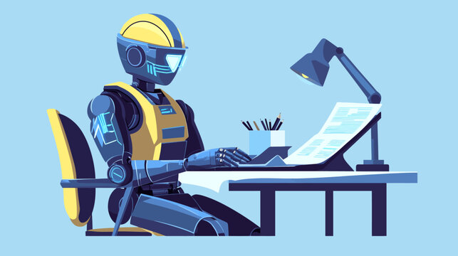 Futuristic robot at desk using laptop with desk lamp and stationery; sleek, high-tech design, blue background