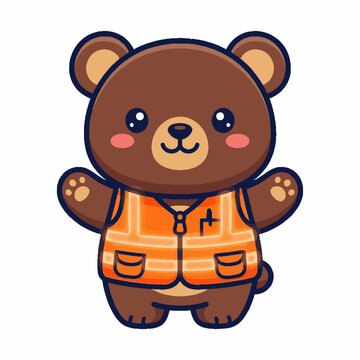 Brown bear wearing orange safety vest.