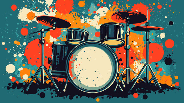Artistic digital illustration of a drum set with colorful splatter background