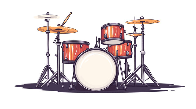 Illustrated drum set with multiple drums and cymbals on stands