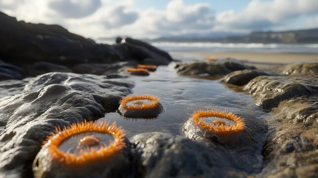 Ocean tide pools on rocky shore with orange sea anemones, cloudy sky