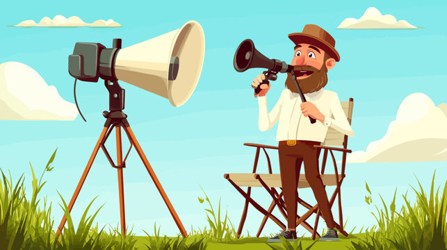 Cartoon man operating a megaphone during outdoor filming scene