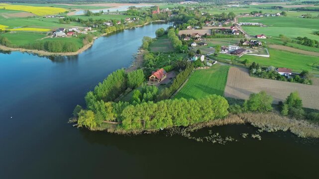Drone Shot of Lake Shore with Trees and Farmland &ndash; 4K ProRes