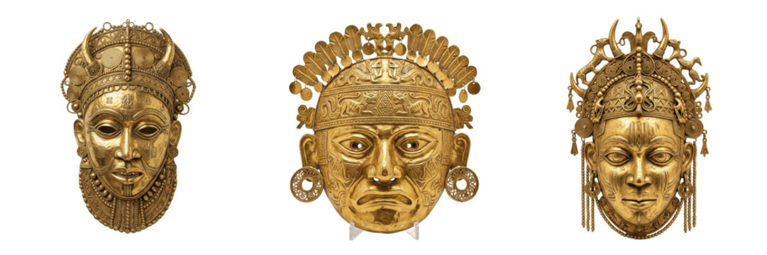 Set and collection of ancient golden aztec mask artifact isolated on white background
