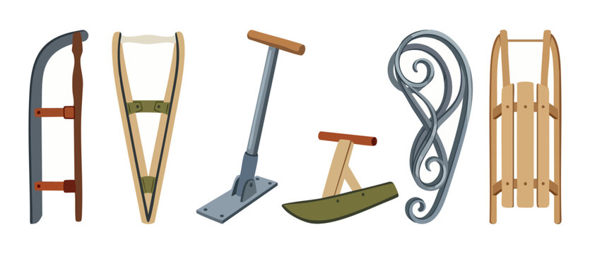 Winter Sled Parts and Toboggan Components Set for Repair or DIY Crafting. Collection of various wooden runners, metal steering handles, and vintage sleigh frames for winter sports equipment maintenanc