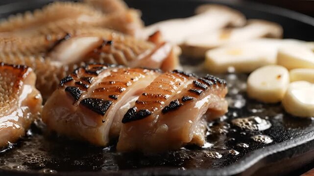 Closeup of Delicious Grilled Beef Tripe and Mushrooms Sizzling on a Hot Pan.