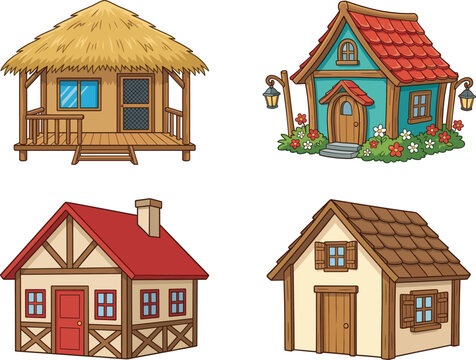 Collection of cute cartoon houses in different architectural styles including tropical hut, whimsical cottage, and rustic wooden cabin vector illustration