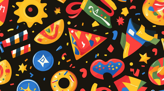 Colorful party-themed pattern with pizzas, balloons, and confetti