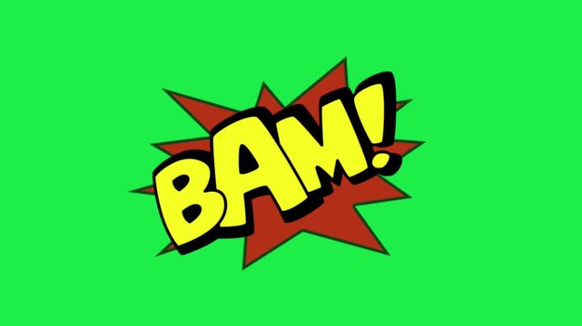 Comic style BAM text animation on green screen background with colorful explosion effect for editing projects use