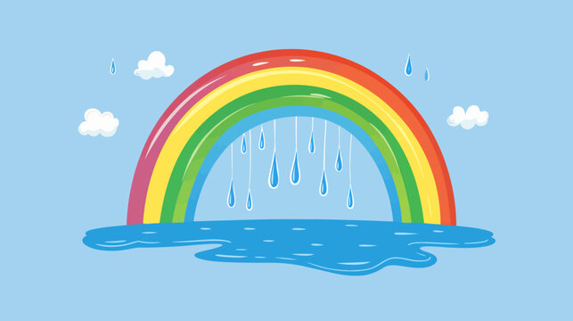 Cartoon rainbow with rain drops over water and clouds in sky