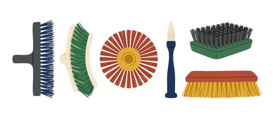 Cleaning Brushes Set Illustration for Household Maintenance and Scrubbing Tools Collection featuring diverse shapes and bristles for professional cleaning services and domestic hygiene tasks on white