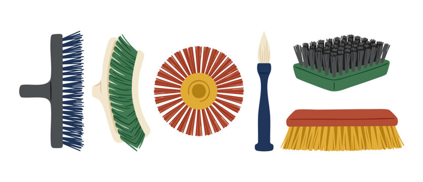 Cleaning Brushes Set Illustration for Household Maintenance and Scrubbing Tools Collection featuring diverse shapes and bristles for professional cleaning services and domestic hygiene tasks on white